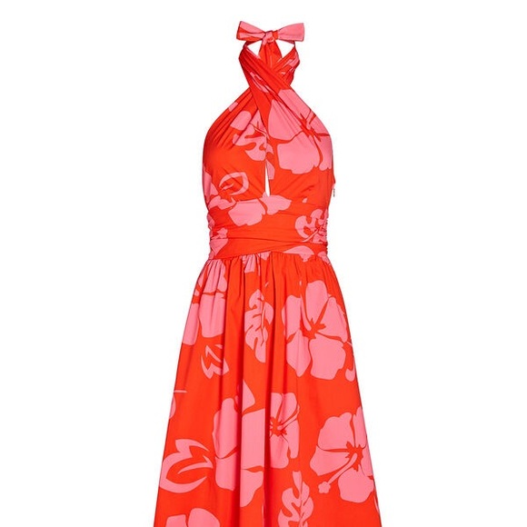 STAUD Moana Floral Cotton Halter Midi Dress in Red Hibiscus - Picture 5 of 5
